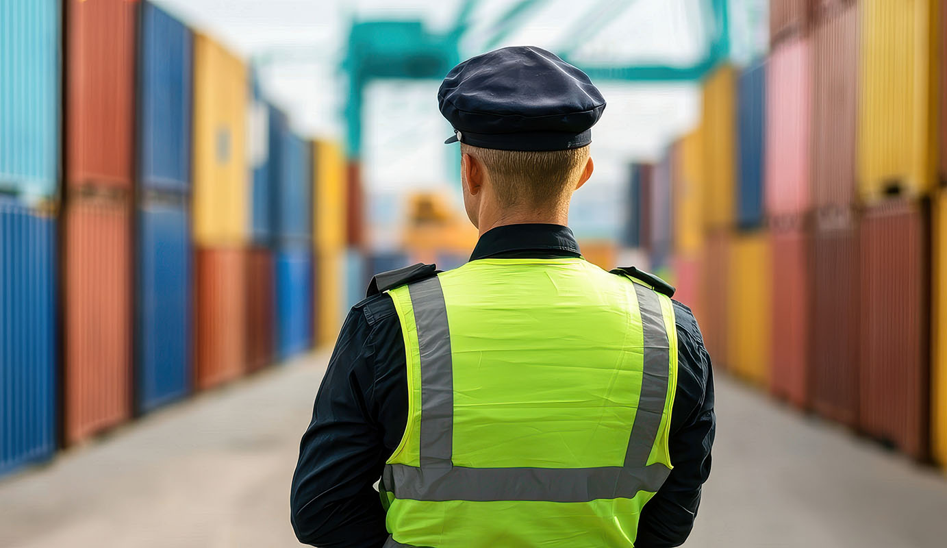 customs officer in reflective vest stands at busy border checkpoint surrounded by colorful shipping containers. scene conveys sense of vigilance and security